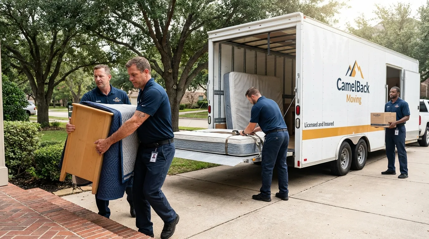 Crew loading residential truck for cross-state move from Schofield, WI