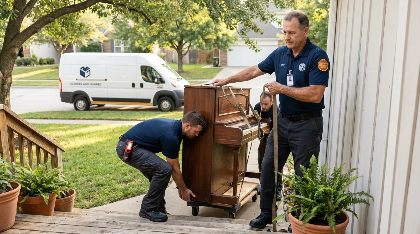 Licensed piano movers securing grand piano in Schofield, WI
