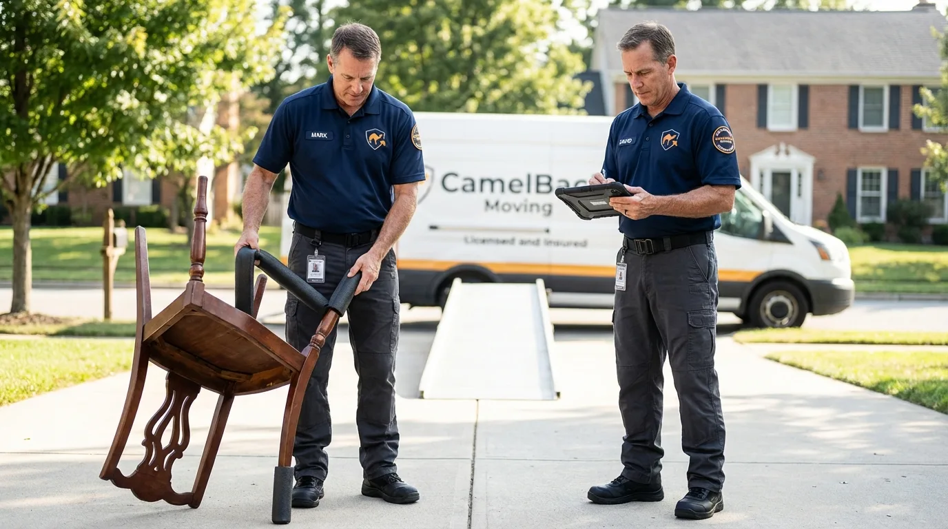 Movers inspecting furniture for damage prevention before loading in Schofield, WI