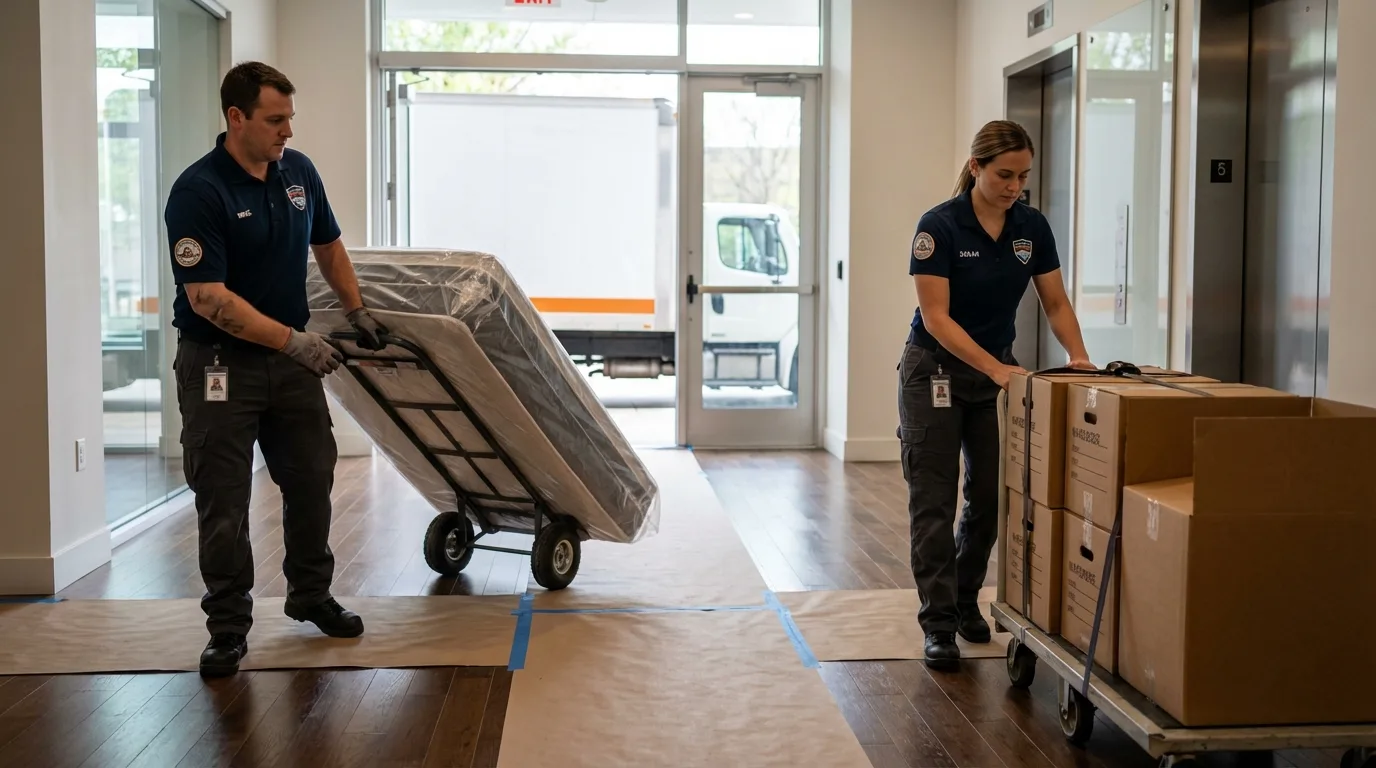 Professional apartment movers loading elevator in Schofield, WI