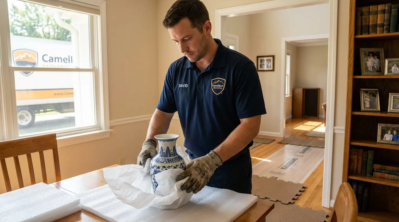 Professional crew carefully wrapping antique vase for senior downsizing move in Schofield, WI